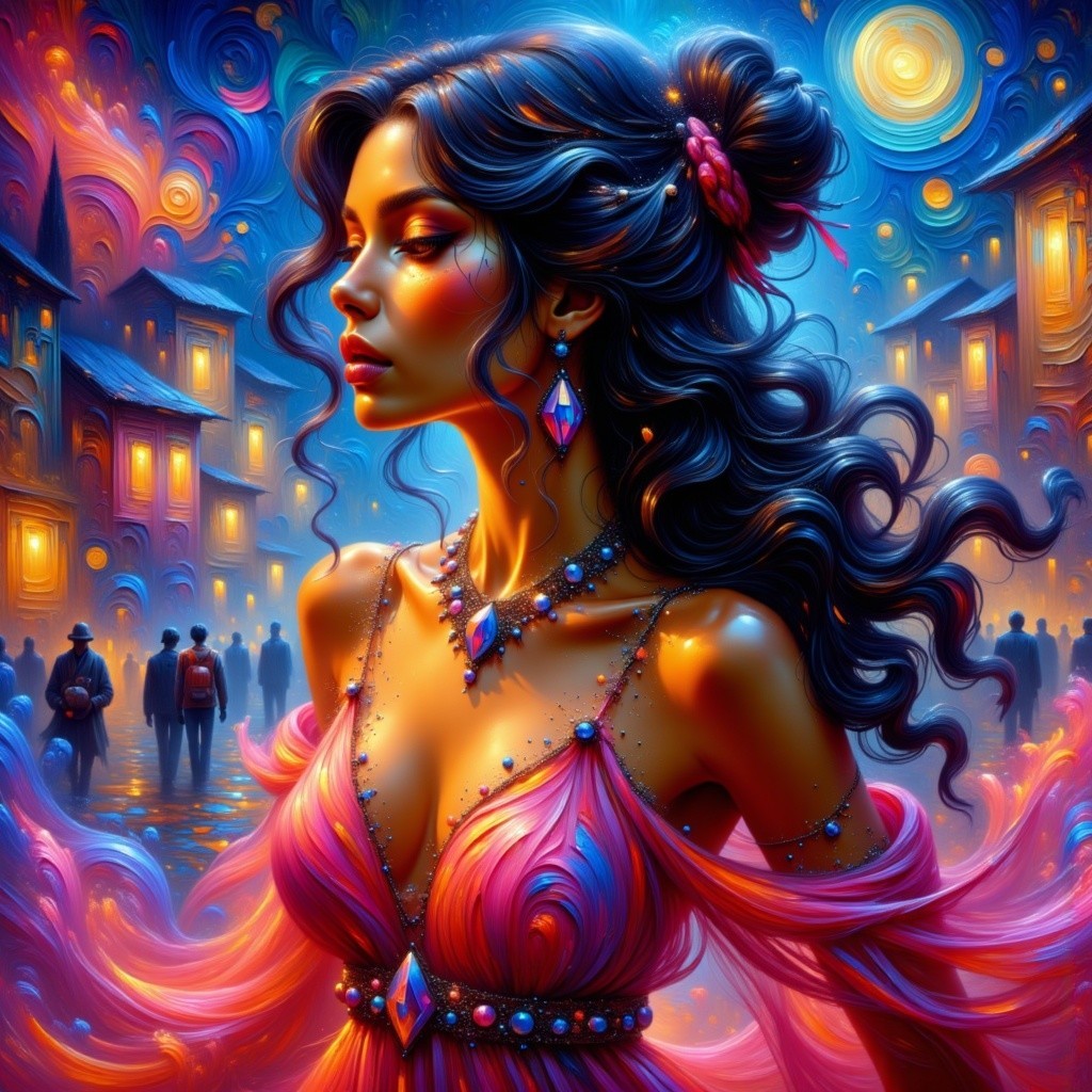 Elegant Woman in Vibrant Fantastical Setting