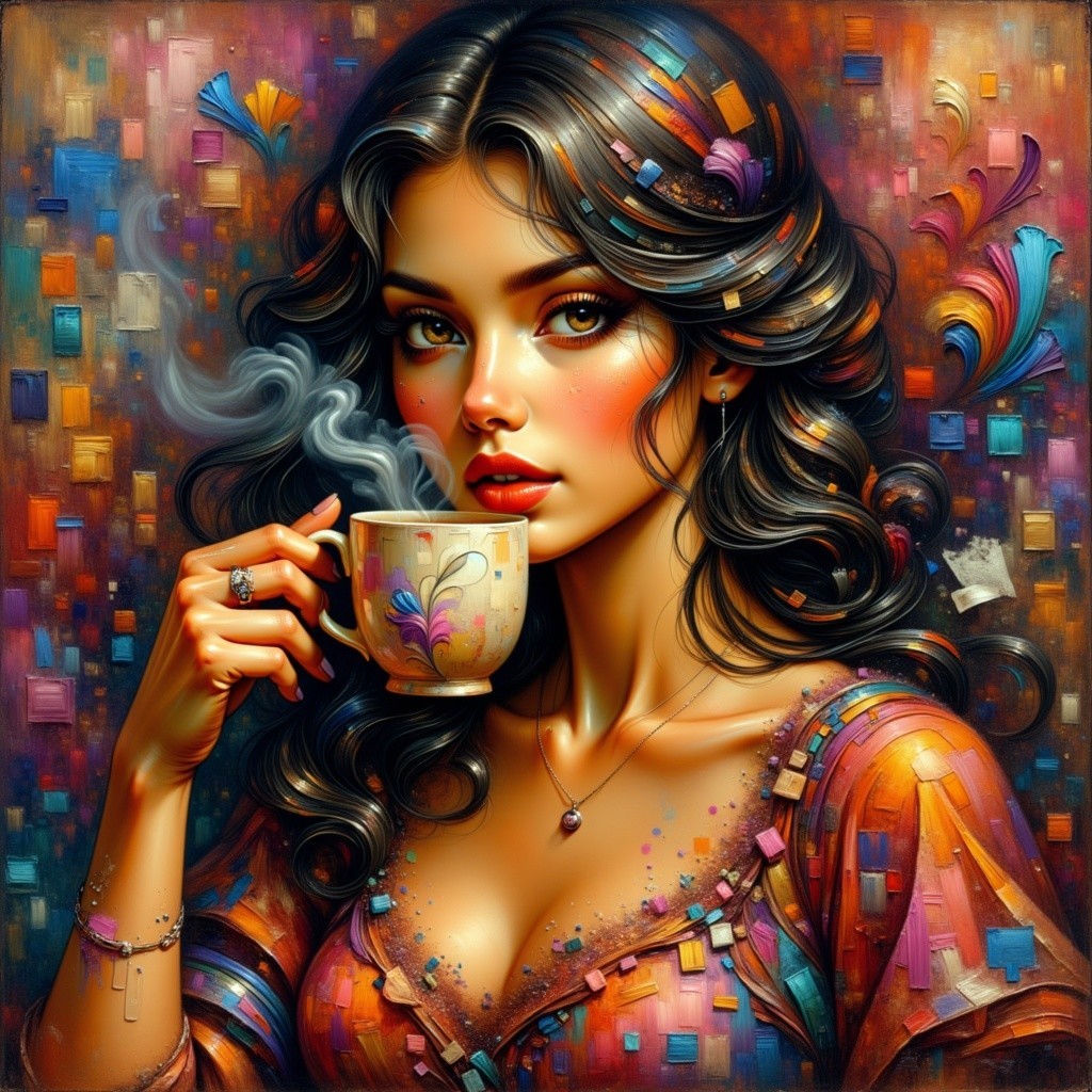 Woman with Cup in Colorful Abstract Background