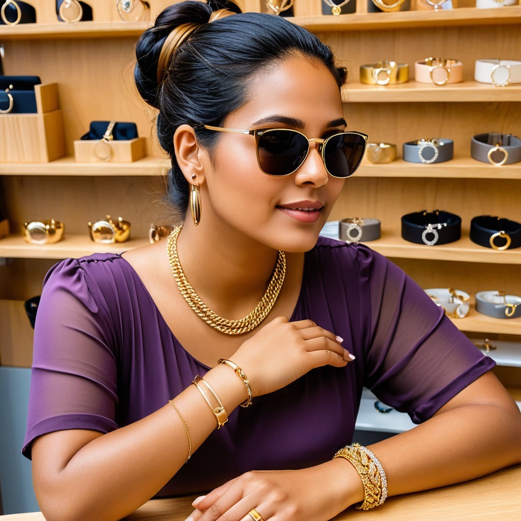 Woman in Jewelry Store Showcasing Gold Accessories