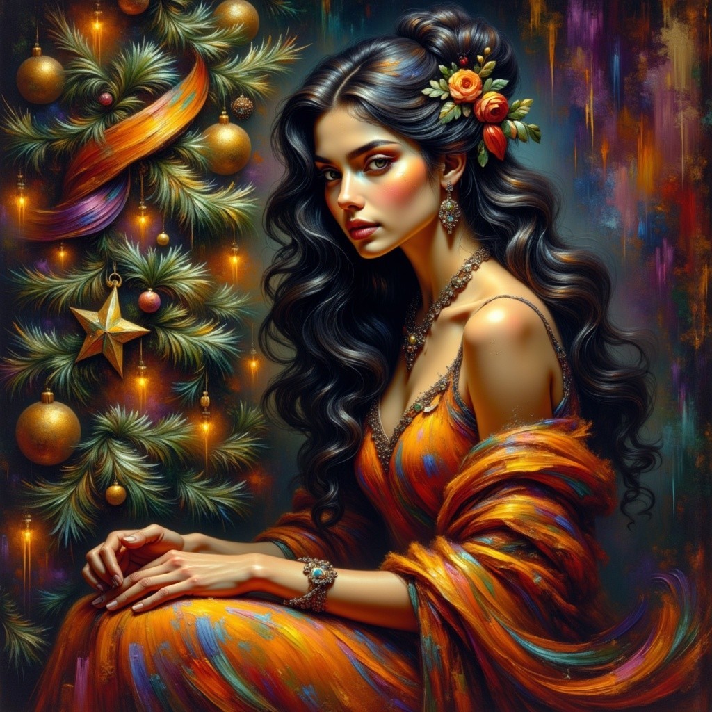Woman in Colorful Dress by Decorated Christmas Tree