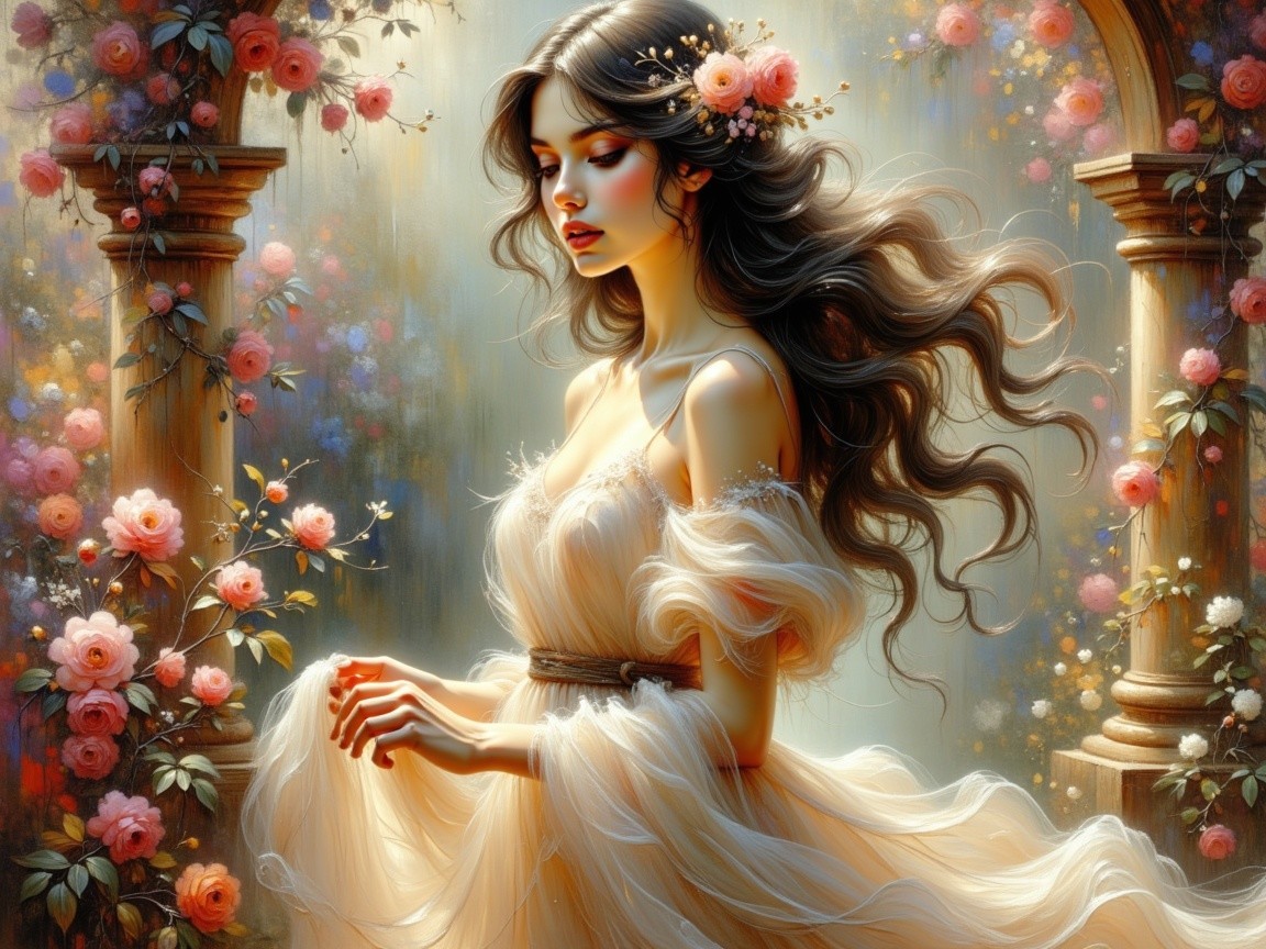 Woman in Ethereal Gown Among Blooming Roses