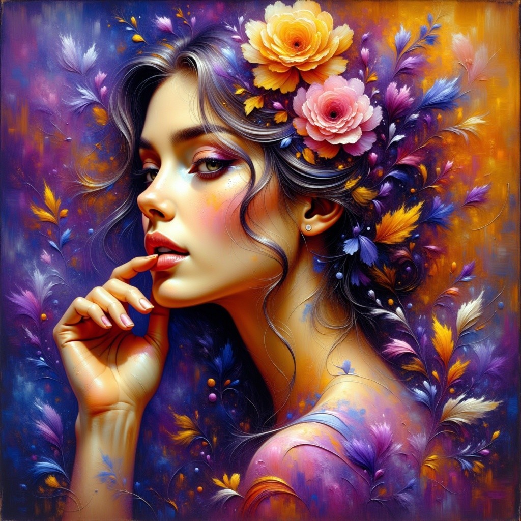 Portrait of a woman with floral hair and vibrant colors