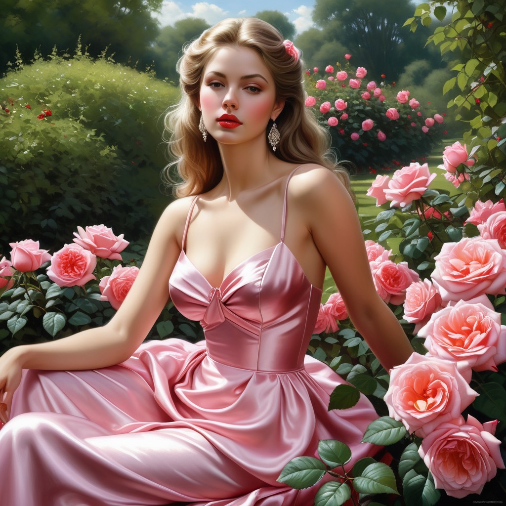 Woman in Pink Gown Surrounded by Blooming Roses