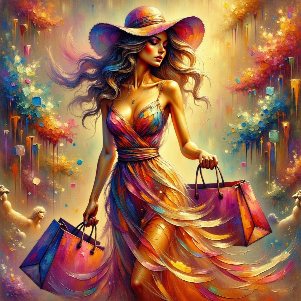 Colorful Illustration of Woman with Shopping Bags