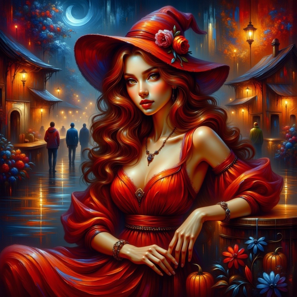 Elegant Woman in Red Dress in Whimsical Twilight Village