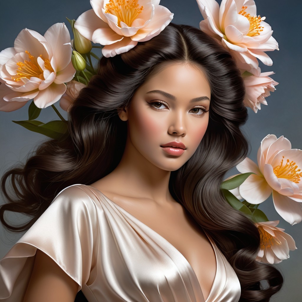 Portrait of a woman with dark hair and peonies