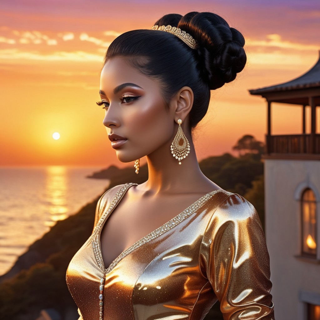 Portrait of a Woman in Gold Dress at Sunset