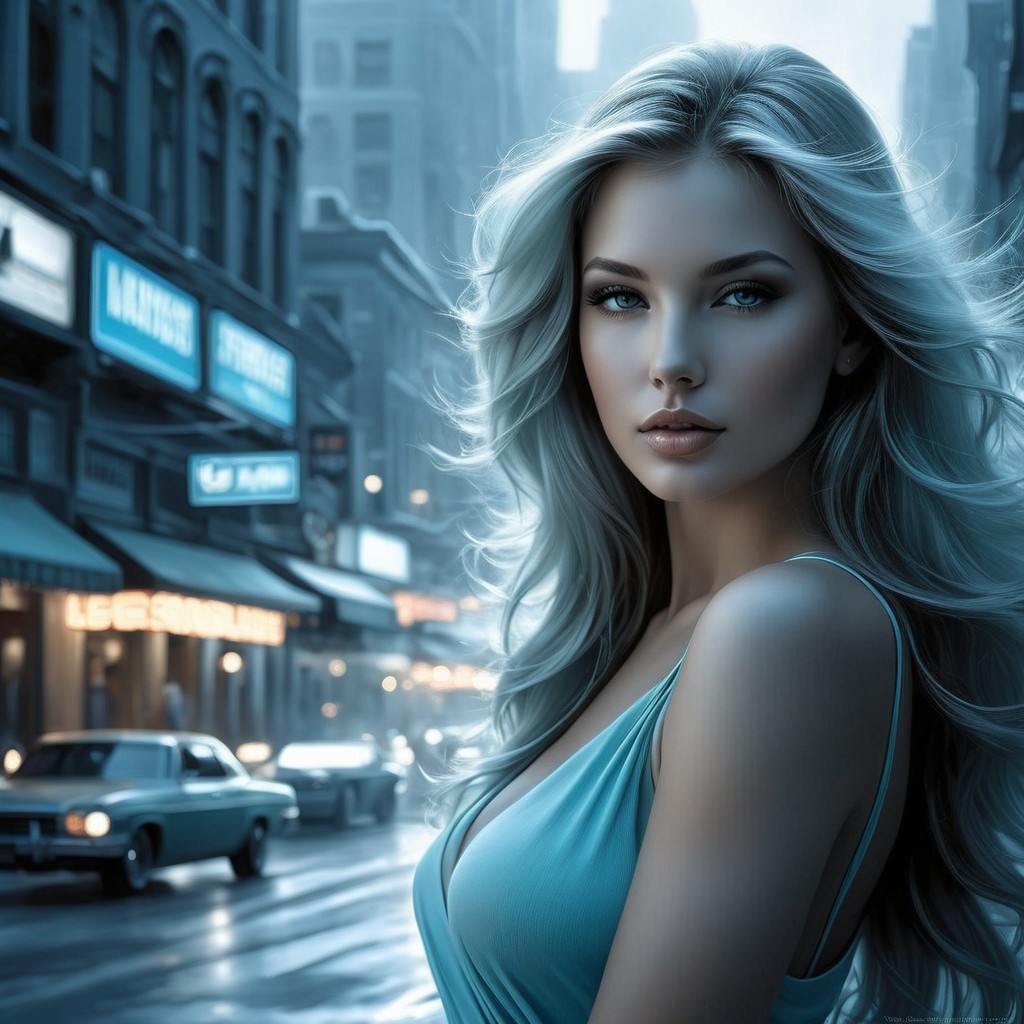 Urban Scene with Woman in Blue Dress and Neon Lights