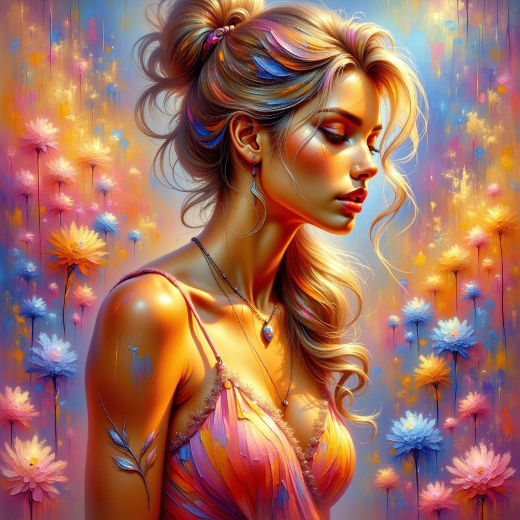 Young woman in vibrant dress with floral background