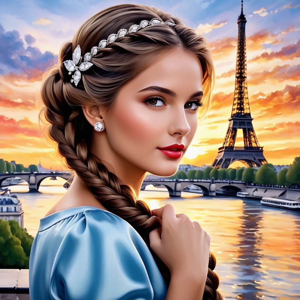 Young woman in blue dress with Eiffel Tower backdrop
