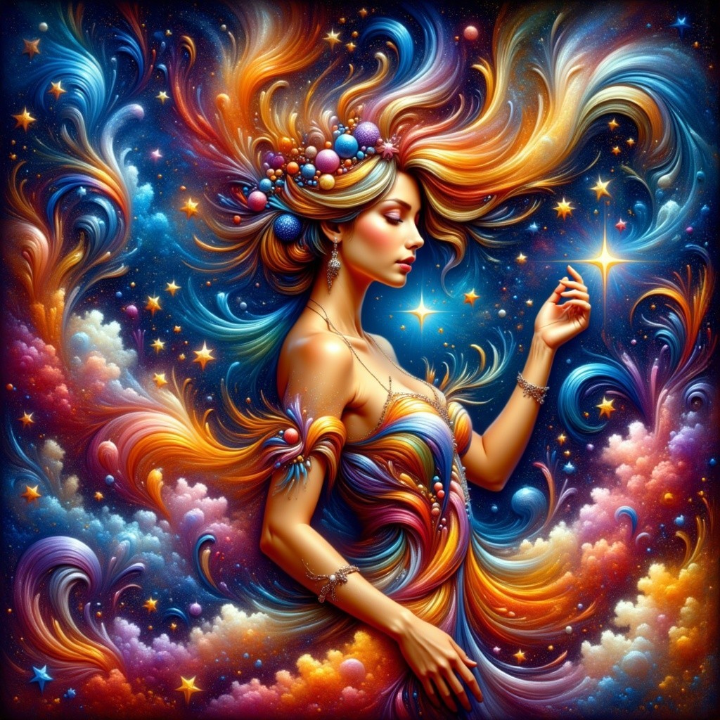 Cosmic Beauty in Ethereal Gown Surrounded by Colorful Swirls