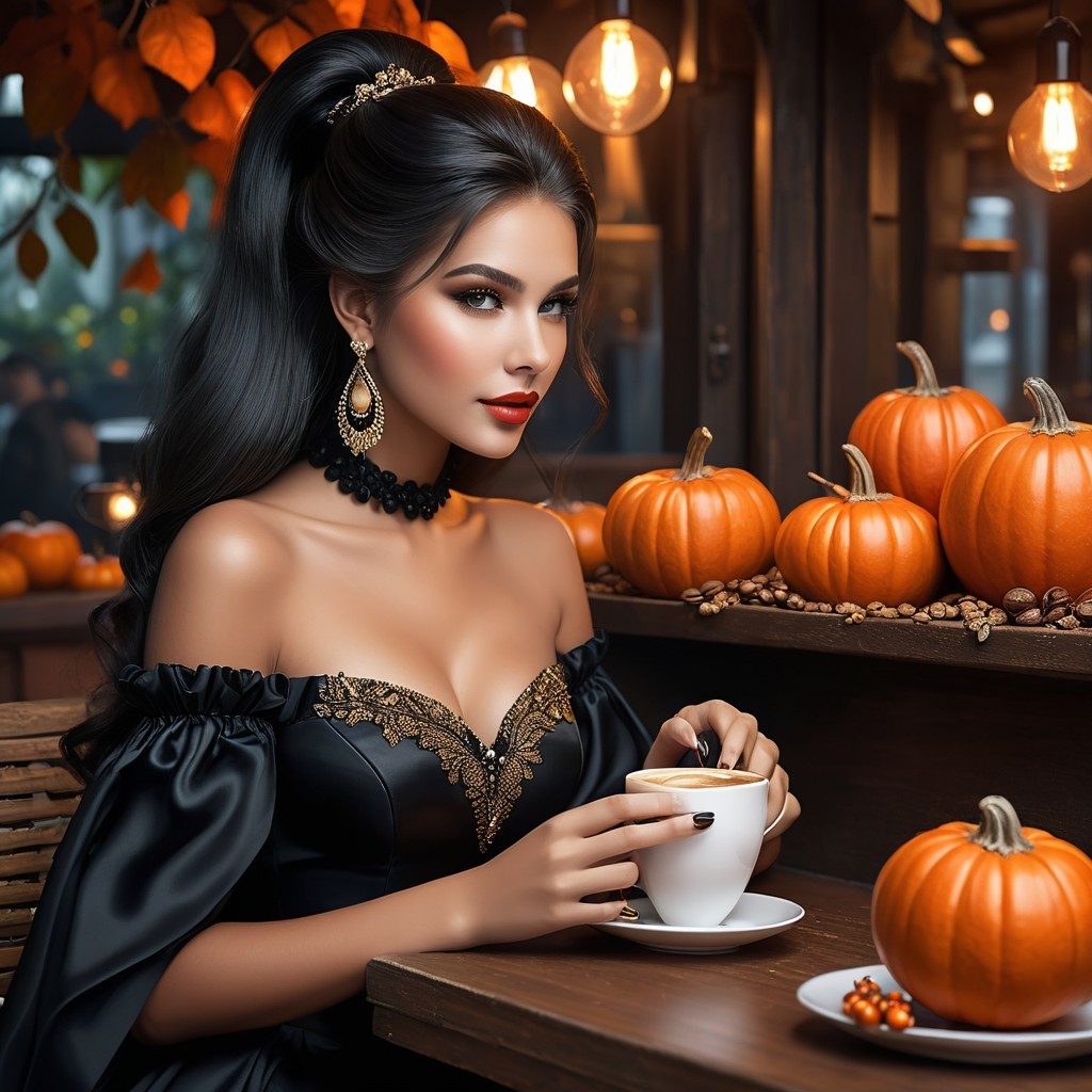 Elegant Woman in Autumn Café with Coffee and Decor