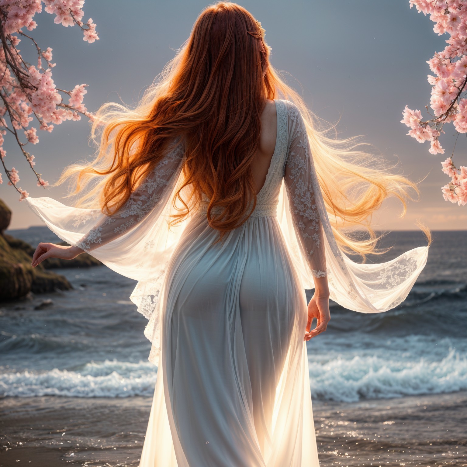 Woman in gown by cherry blossoms and ocean waves