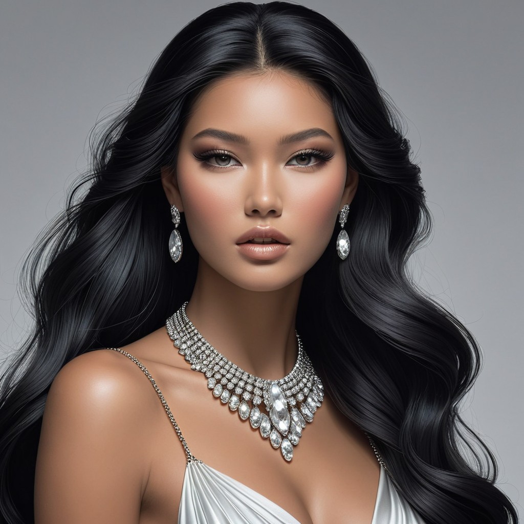 Model in Elegant Gown with Diamond Jewelry and Makeup