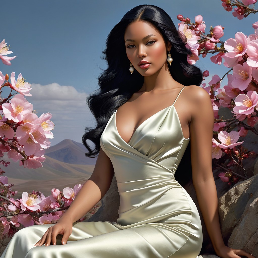 Elegant Woman in Silver Gown Among Cherry Blossoms