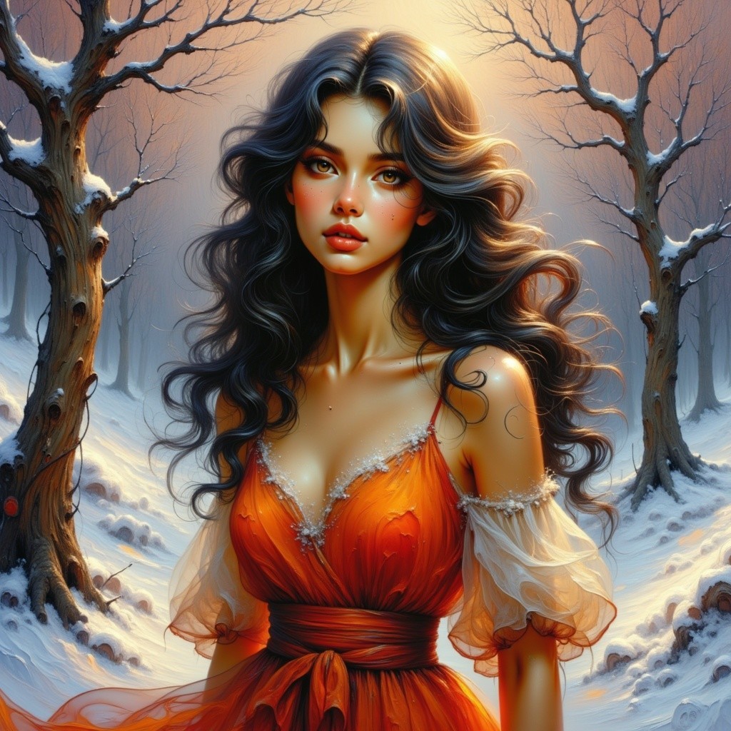 Young Woman in Elegant Dress in Snowy Forest