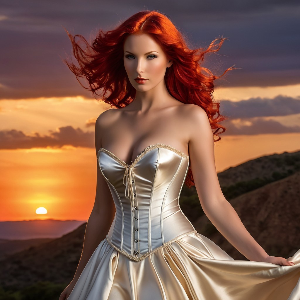 Model in Elegant Gown Against Vibrant Sunset Background