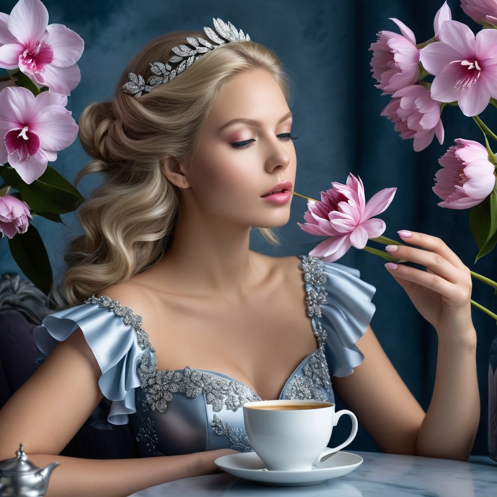 Elegant woman in blue gown with pink flowers and tea