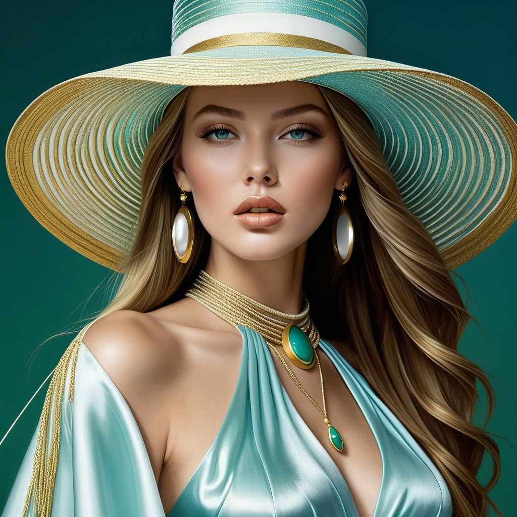 Elegant Woman in Wide-Brimmed Hat and Statement Jewelry