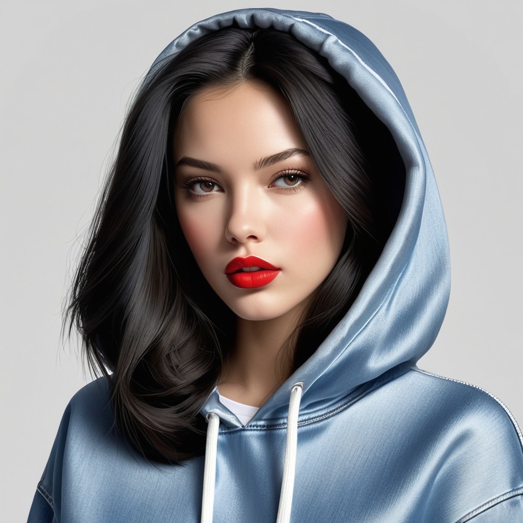 Young woman in light blue hoodie with bold features