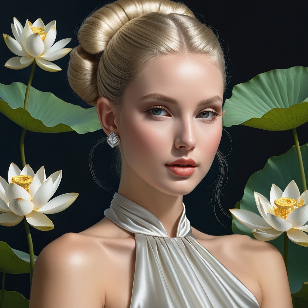 Serene Woman in Silver Dress Surrounded by Lotus Flowers