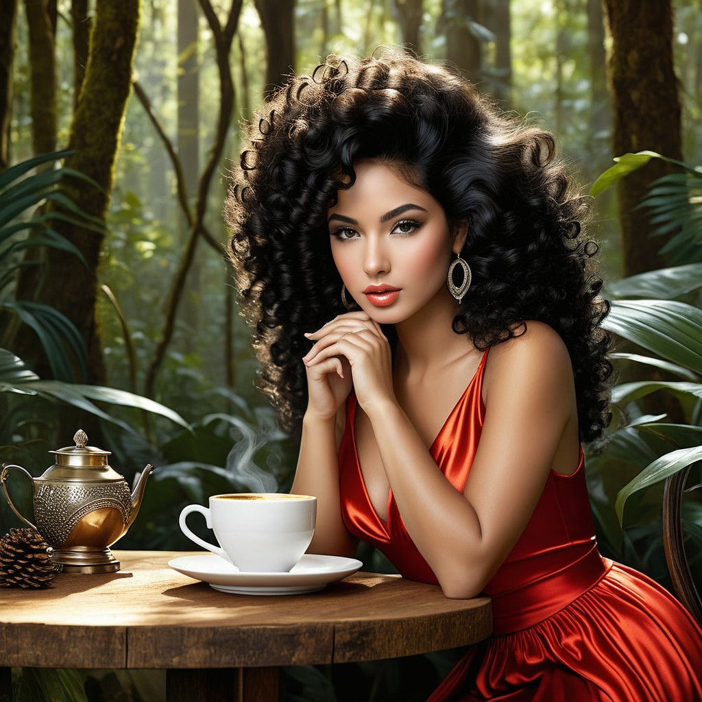 Woman in Red Dress Enjoying Coffee in Forest Setting
