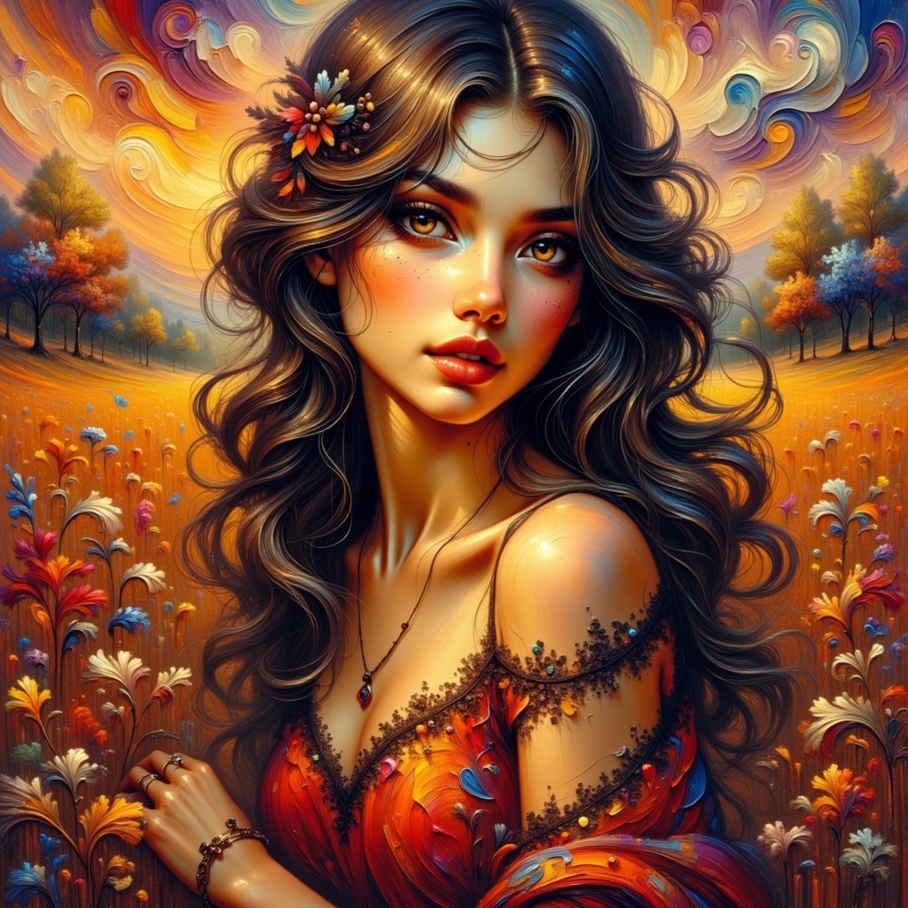 Woman in Floral Dress Surrounded by Sunset Flowers