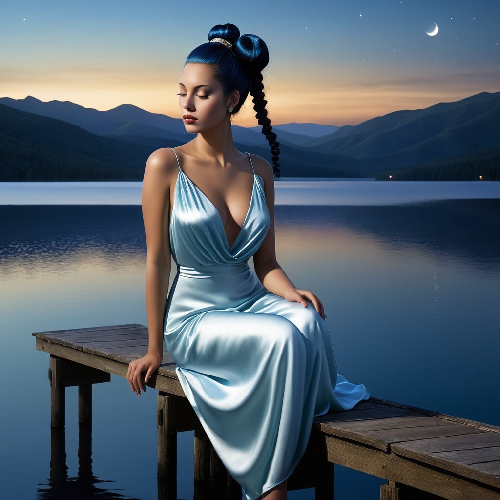 Twilight Scene of a Woman by a Tranquil Lake