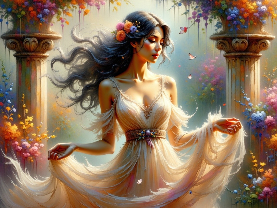 Serene Woman in Vibrant Garden with Butterflies