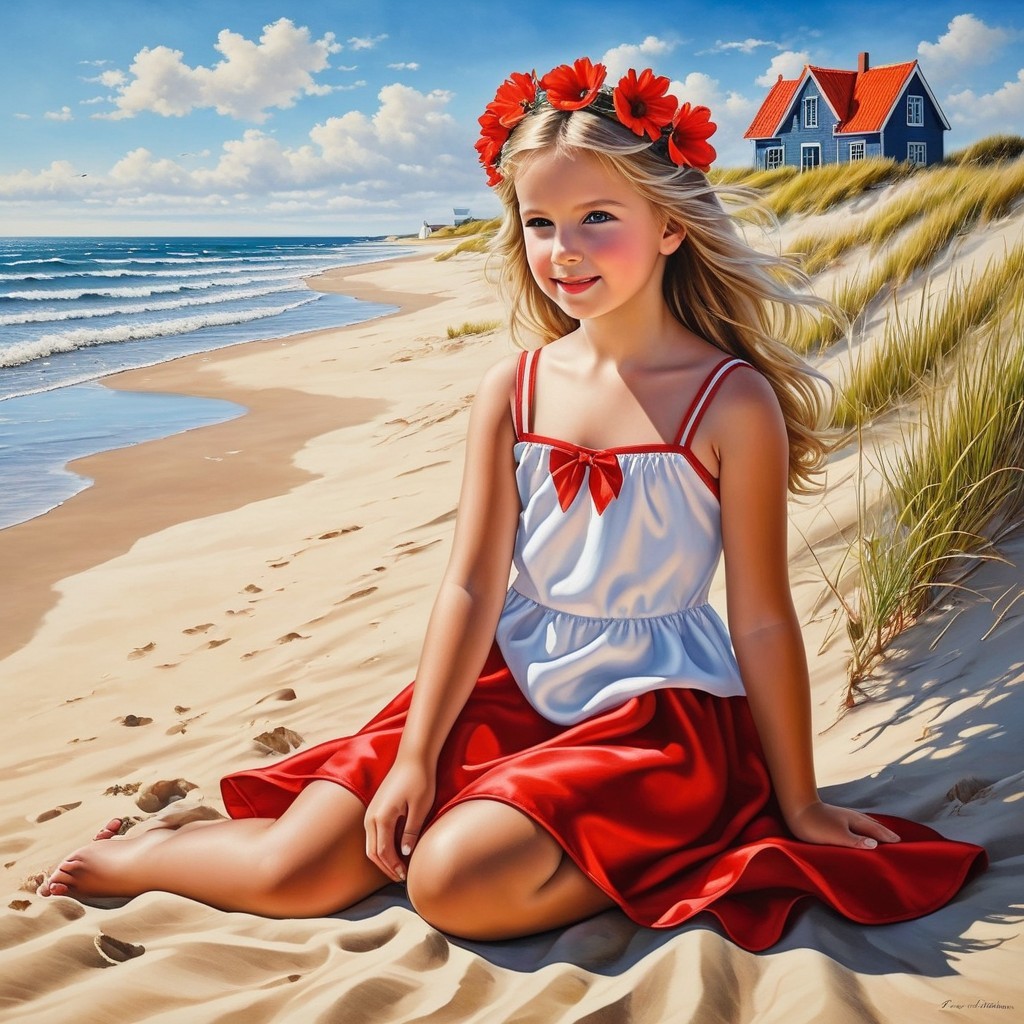 Young girl in red and white dress on sandy beach