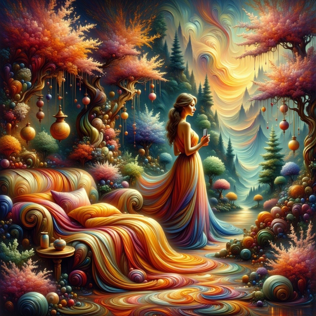 Ornate woman in yellow dress amidst vibrant landscape