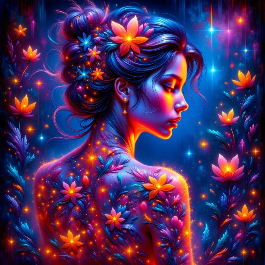 Neon Portrait of Woman with Floral Tattoos and Light