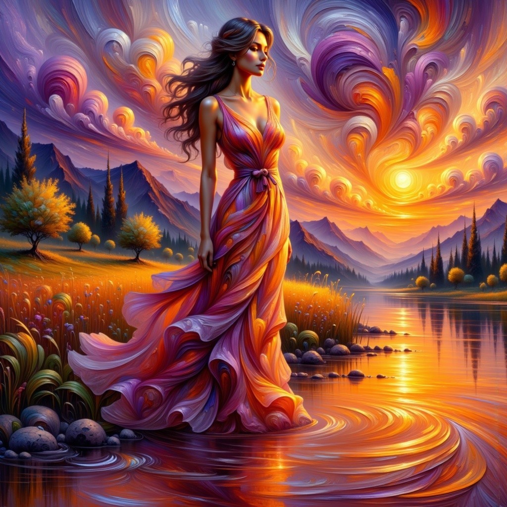Woman in vibrant dress by tranquil sunset lake