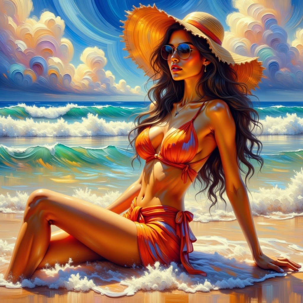 Woman in Orange Bikini on Sandy Beach with Waves