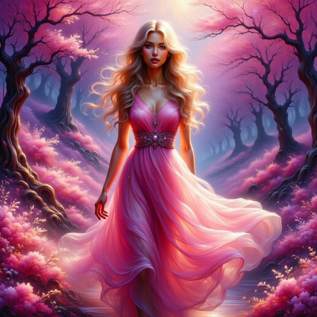Young Woman in Pink Gown Among Cherry Blossoms