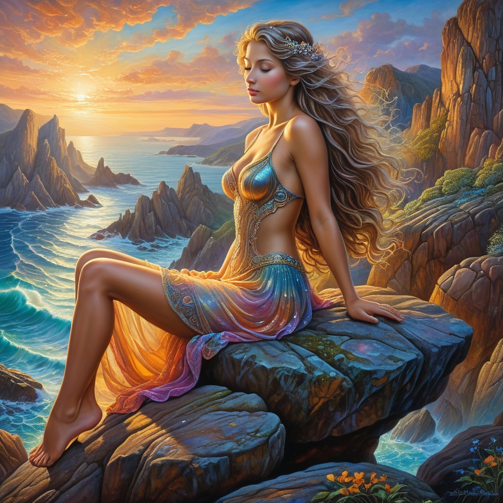 Young Woman in Colorful Gown Overlooking Seascape