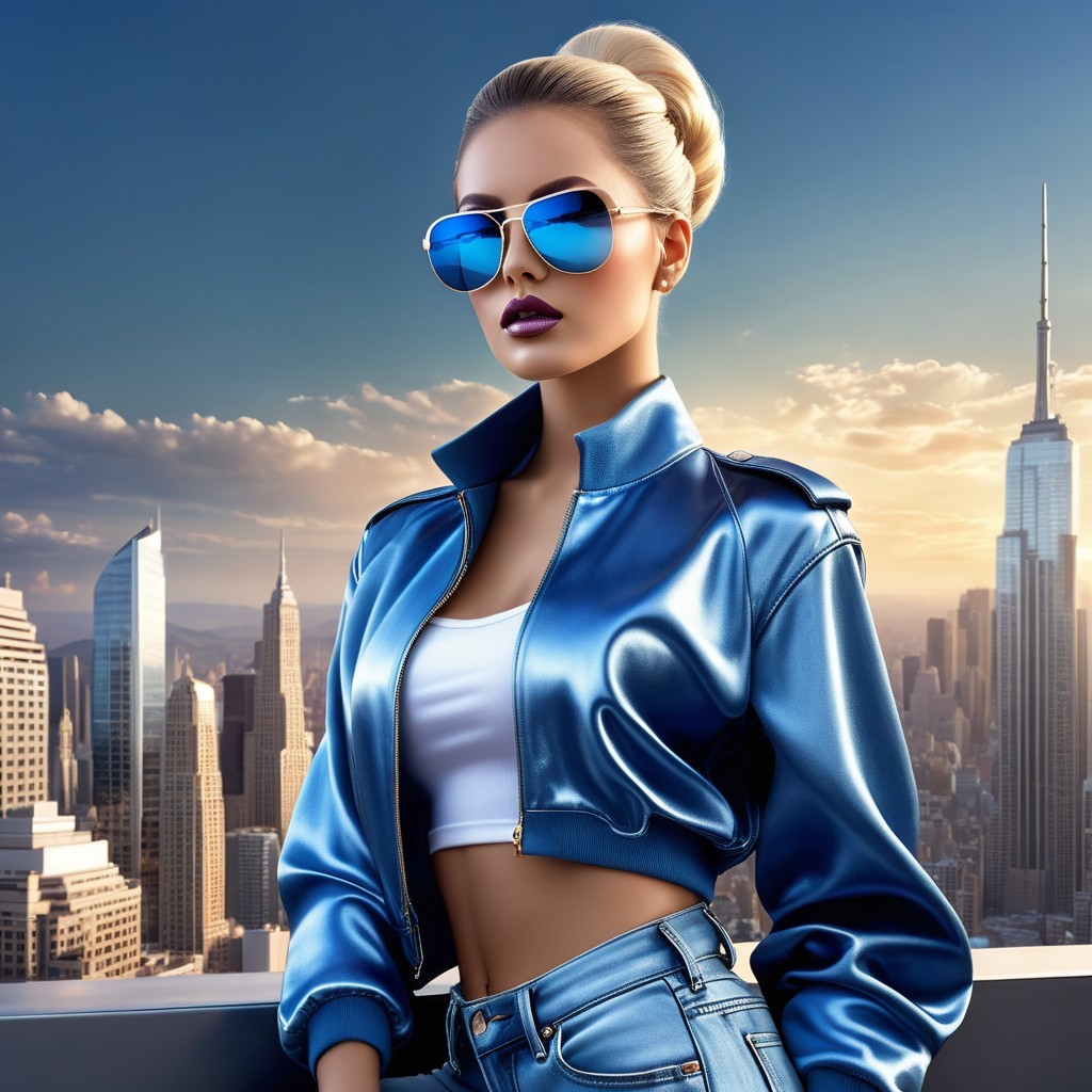 Stylish Woman in Blue Bomber Jacket on Rooftop