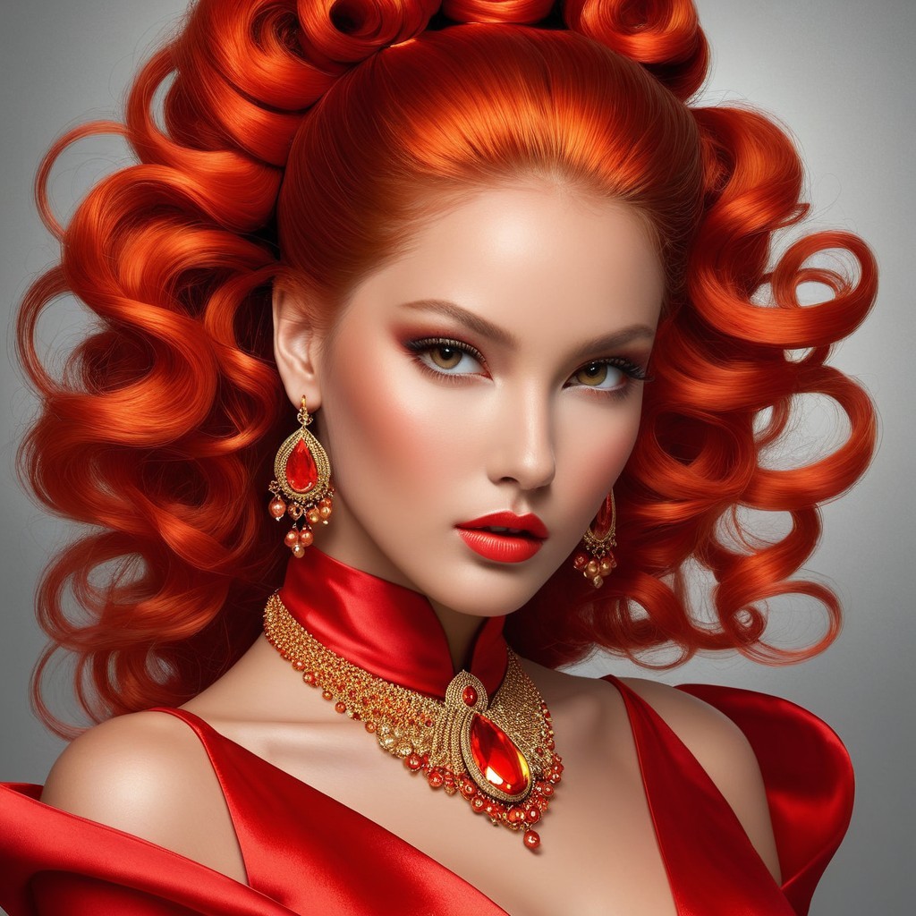 Portrait of a Woman with Red Curls and Elegant Jewelry