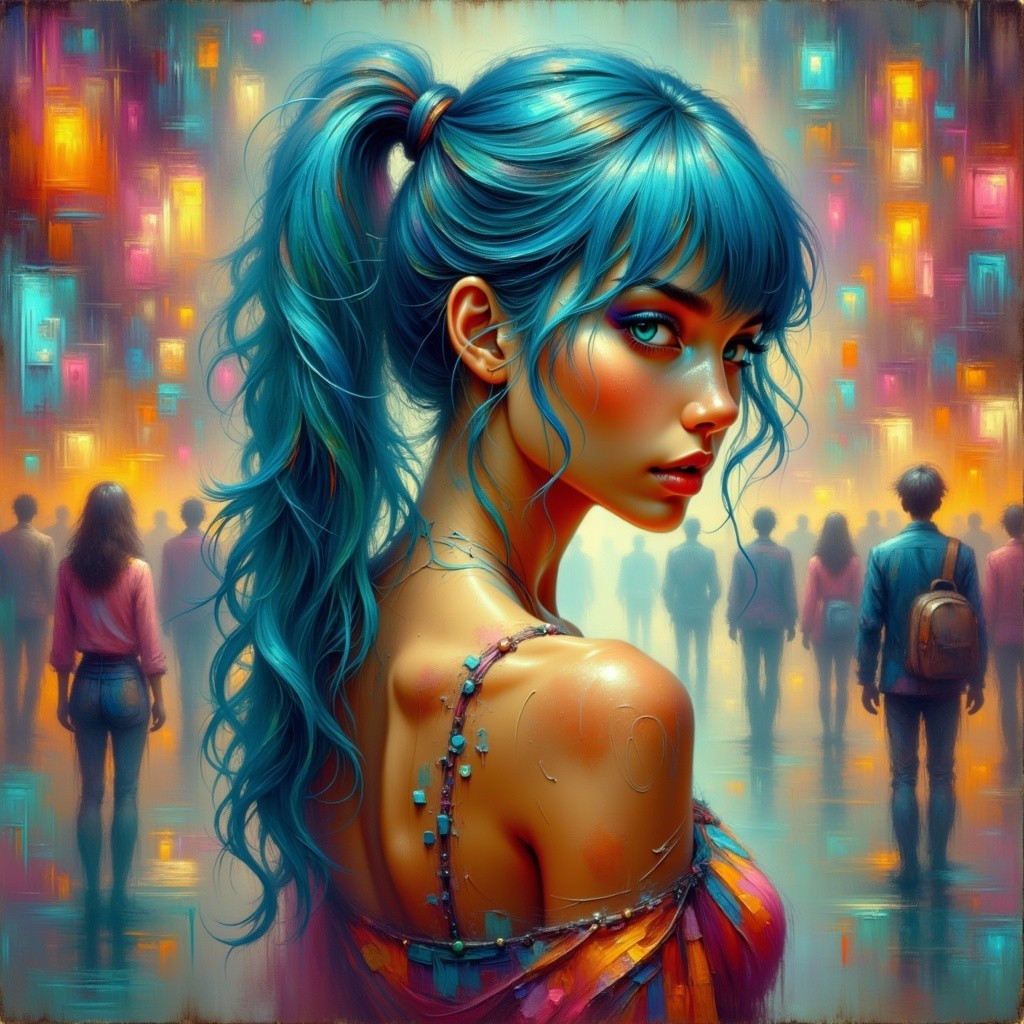 Digital painting of a woman with blue hair and dress