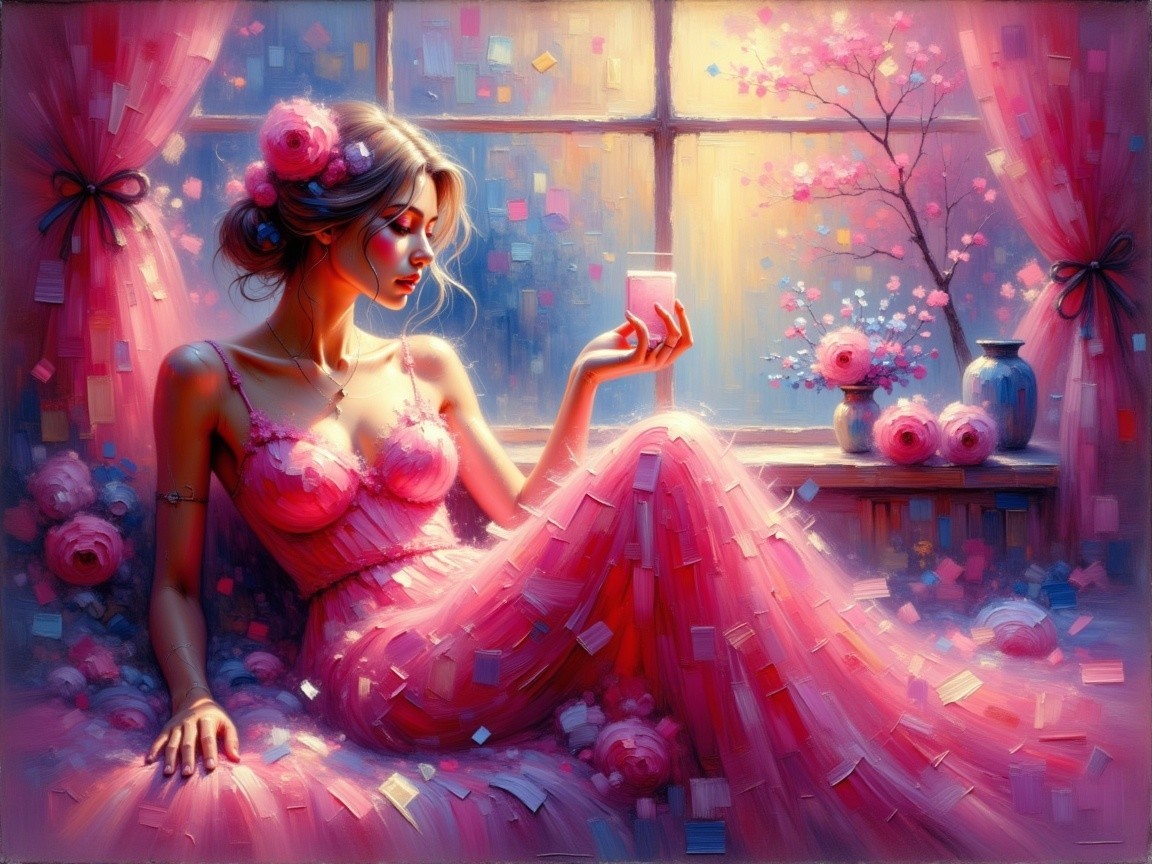 Woman in Pink Gown by Sunlit Window with Flowers