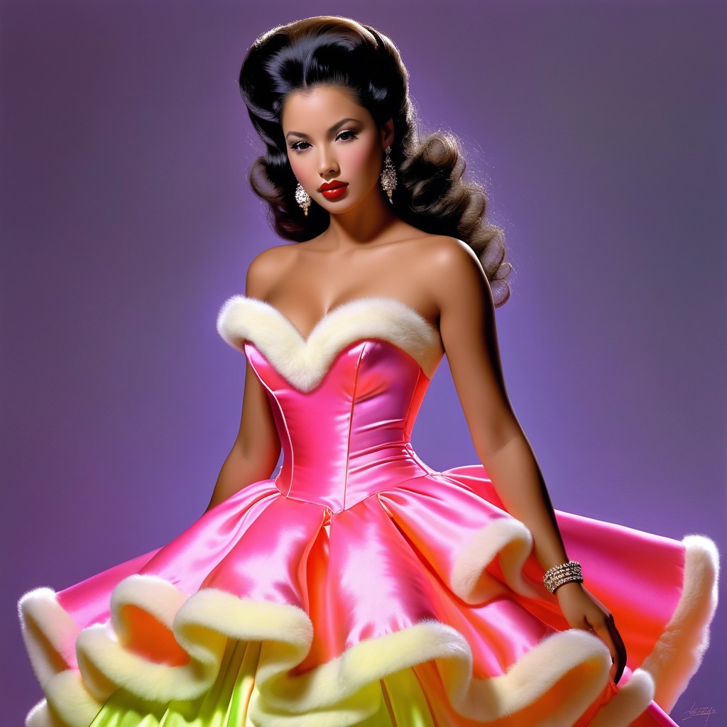Elegant Woman in Colorful Dress with Soft Purple Background