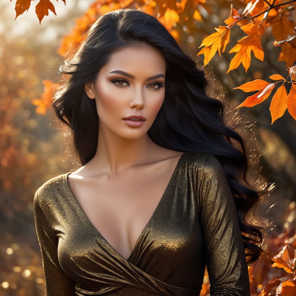 Woman in golden dress among autumn leaves backdrop