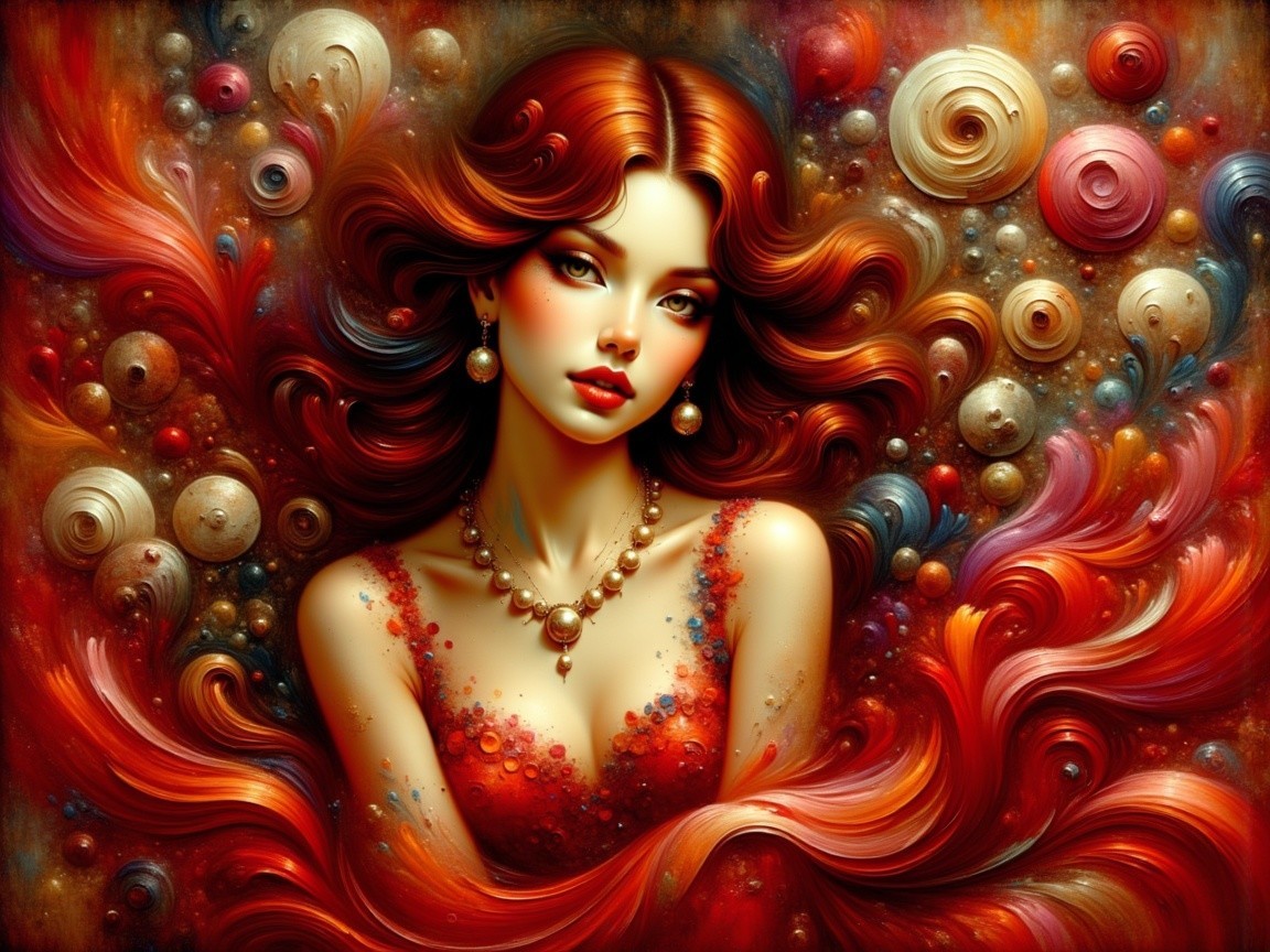 Portrait of a woman in a red gown with vibrant hair