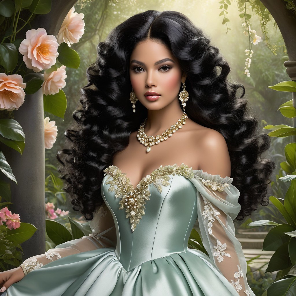 Young woman in teal gown surrounded by roses and greenery