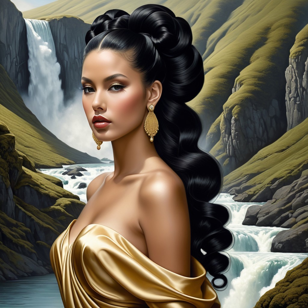 Woman in golden gown against lush hills and waterfalls
