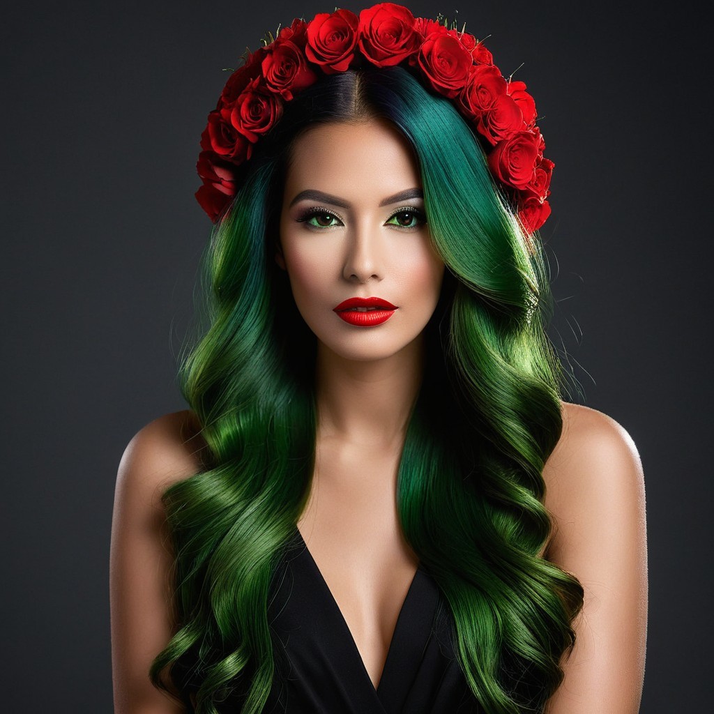 Portrait of a Woman with Green Hair and Red Roses