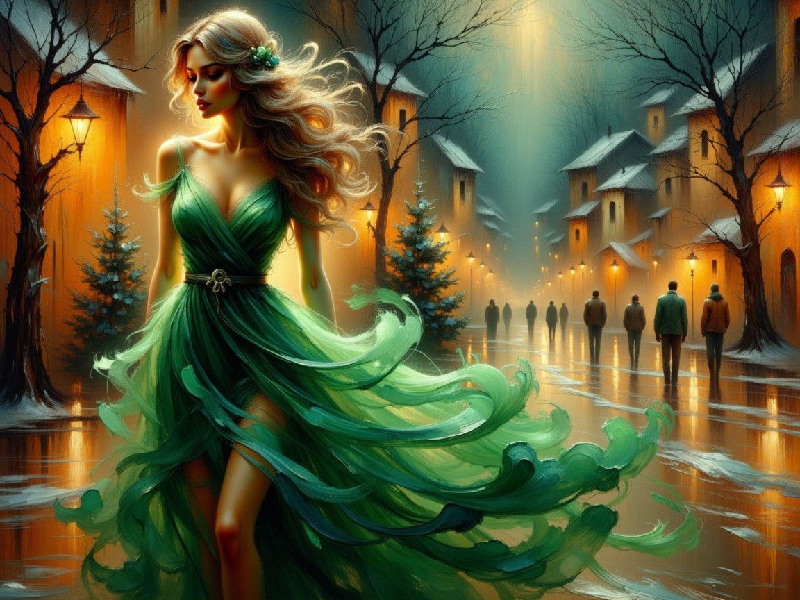 Digital Painting of Woman in Green Dress on Glowing Street