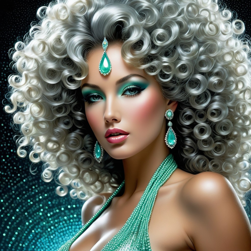 Stunning Woman with Silver Curly Hair and Turquoise Eyeshadow