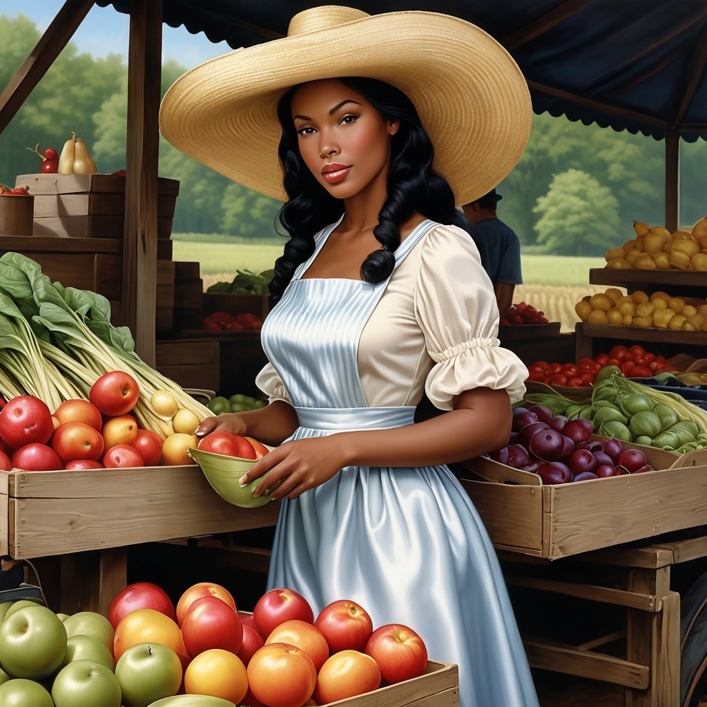 Woman at market stall with colorful fruits and hat