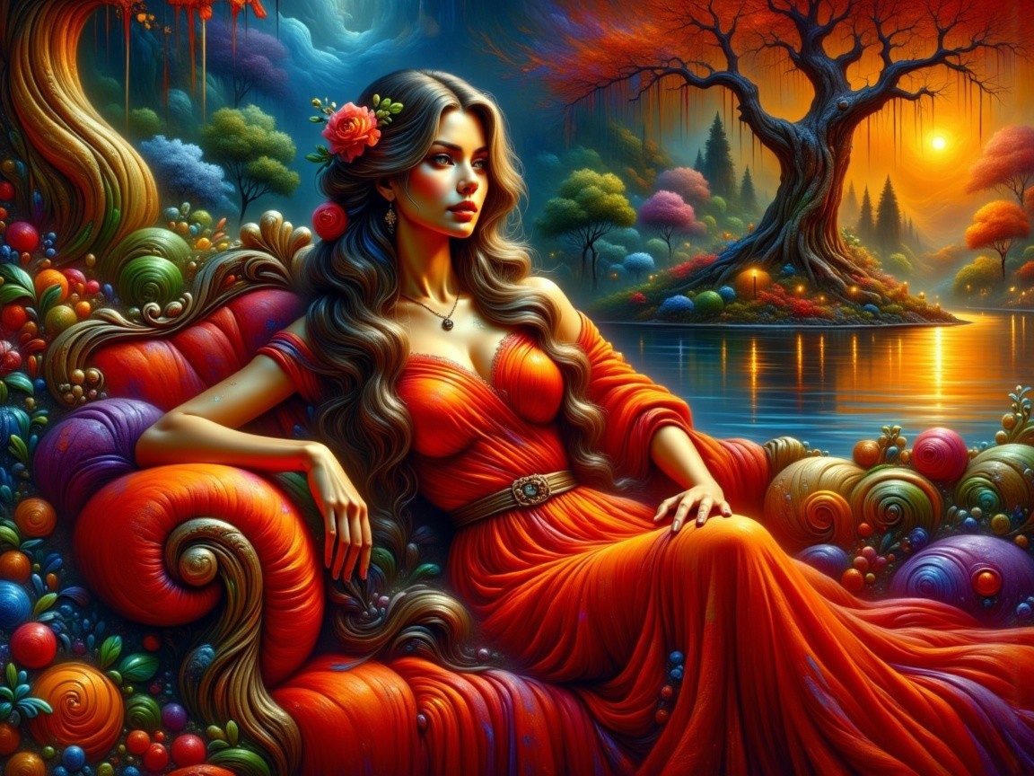 Elegant Woman in Red Dress on Ornate Couch